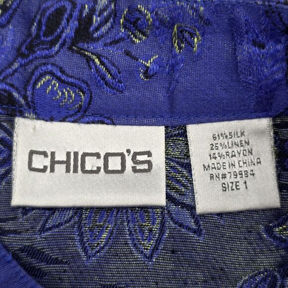 Chico's Silk and Linen Shirt Jacket Women's 1 Blue Floral Asian Design - Picture 4 of 6